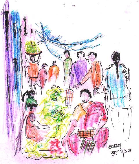 Taste of Nepal - Pencil sketch from book, 'Taste of Nepal': by Jyoti  Pandey-Pathak 🍆🥦🥒🥔🌶🍅🥕🧅 Life around vegetable market in Kathmandu.  ﻿Bhanta (eggplant) anyone? This vendor will weigh them for you on