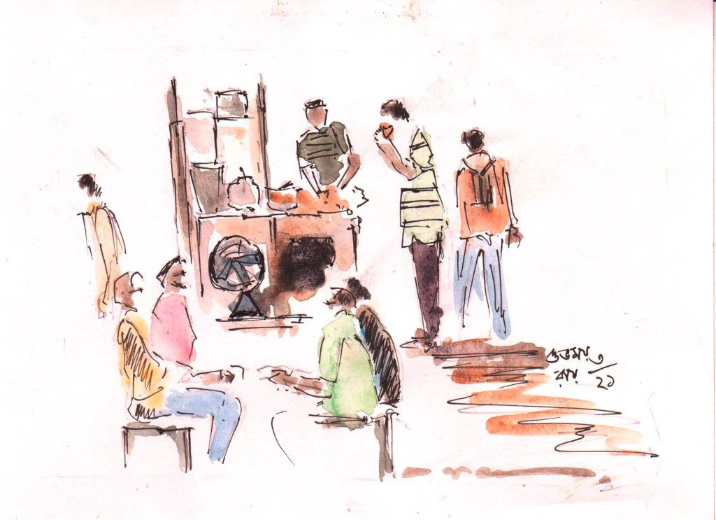 water colour sketch of a roadside tea stall